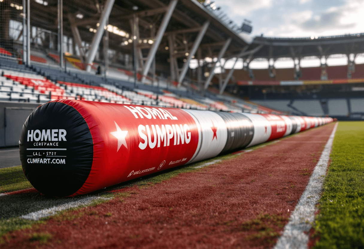 Boudin gonflable installé au bord d’un terrain sportif